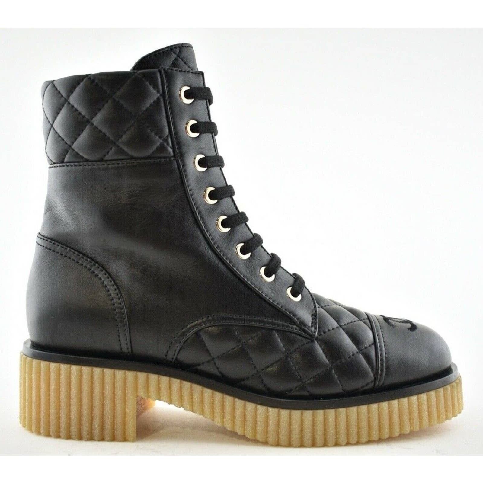 Chanel Chanel 20B Black Quilted CC Platform Combat Lace Up Ankle Size US 7.5 / IT 37.5 - 1 Thumbnail