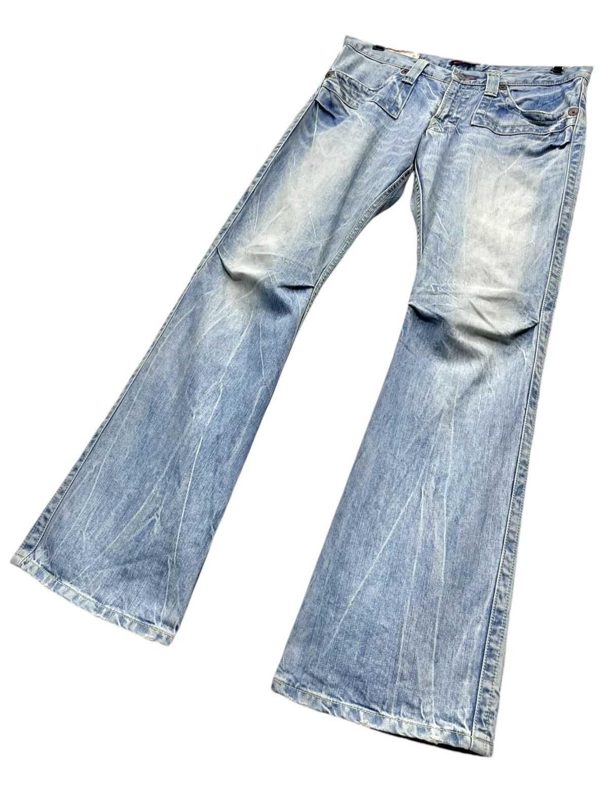 Blue Blue Japan 🔥LIGHT ACID WASH Clawmark Whisker Distressed Lowrise FLARE Size US 31 - 3 Thumbnail