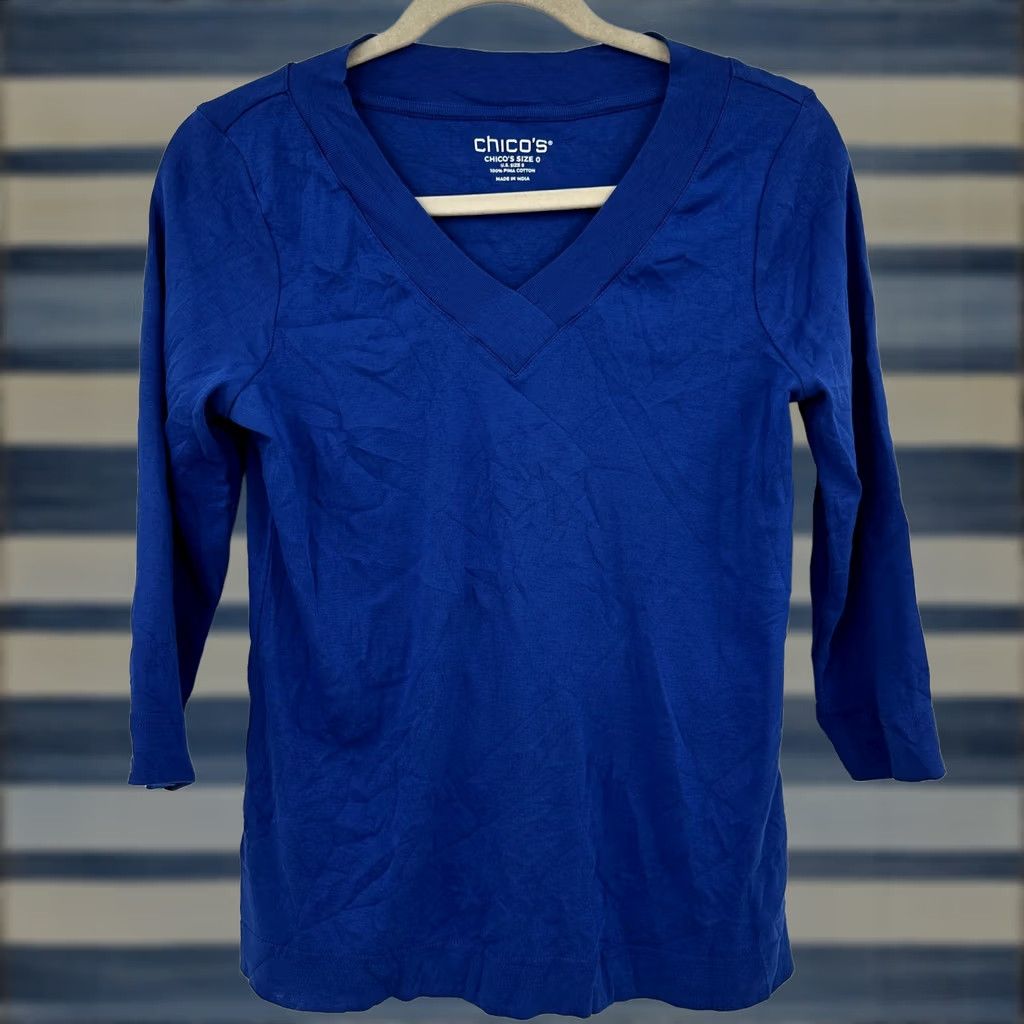 Vintage Chicos T-Shirt V-Neck 3/4 Sleeve Top S Small Royal Blue 100% Cotton Jersey Womens Casual Workwear Vintage No Size S / US 4 / IT 40 - 1 Thumbnail