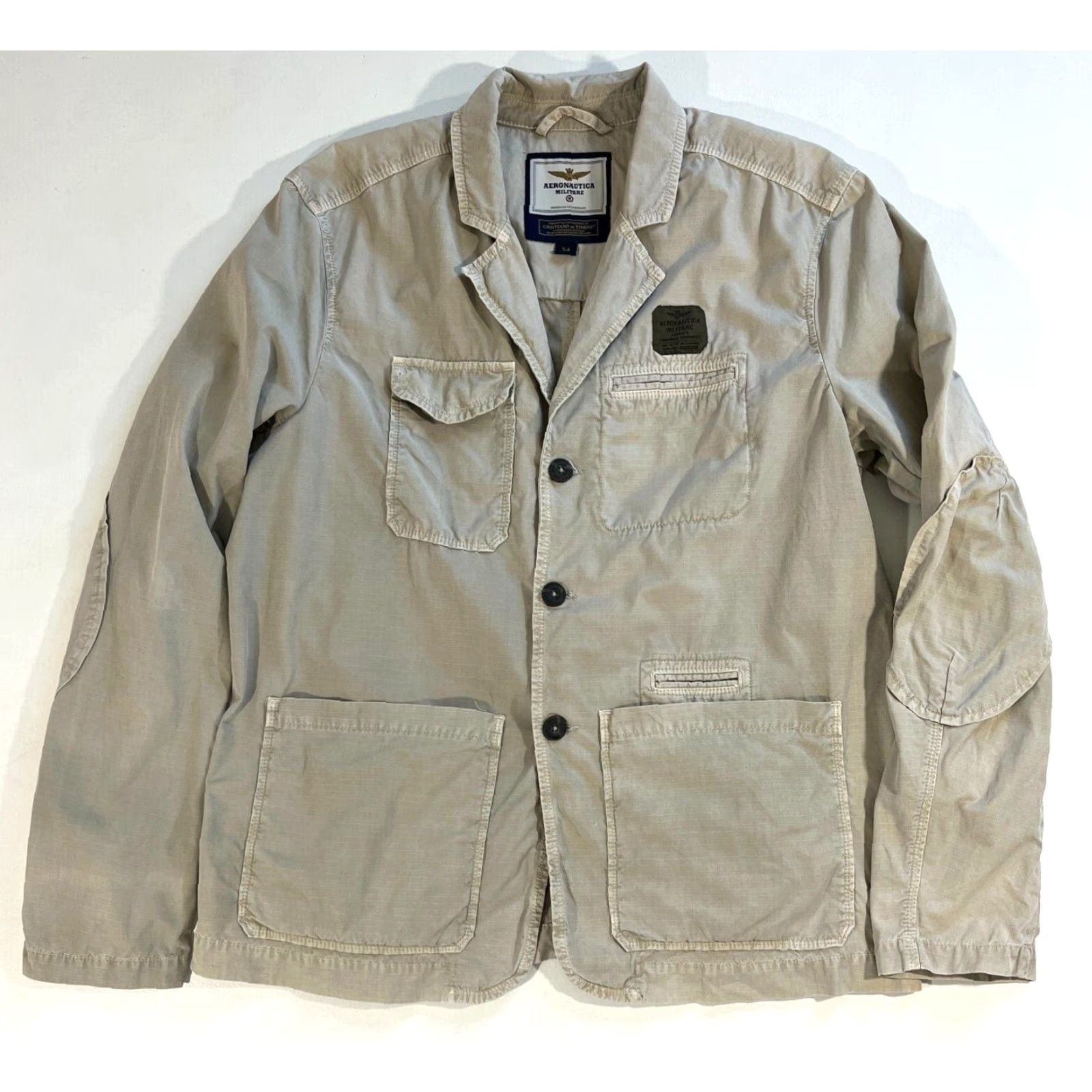 Aeronautica Militare VINTAGE Aeronautica Militare Jacket Mens Canvas Blazer Size 54 Beige Military style with Pockets Elbow Patch 54 Mens Jacket Size 54R - 4 Thumbnail