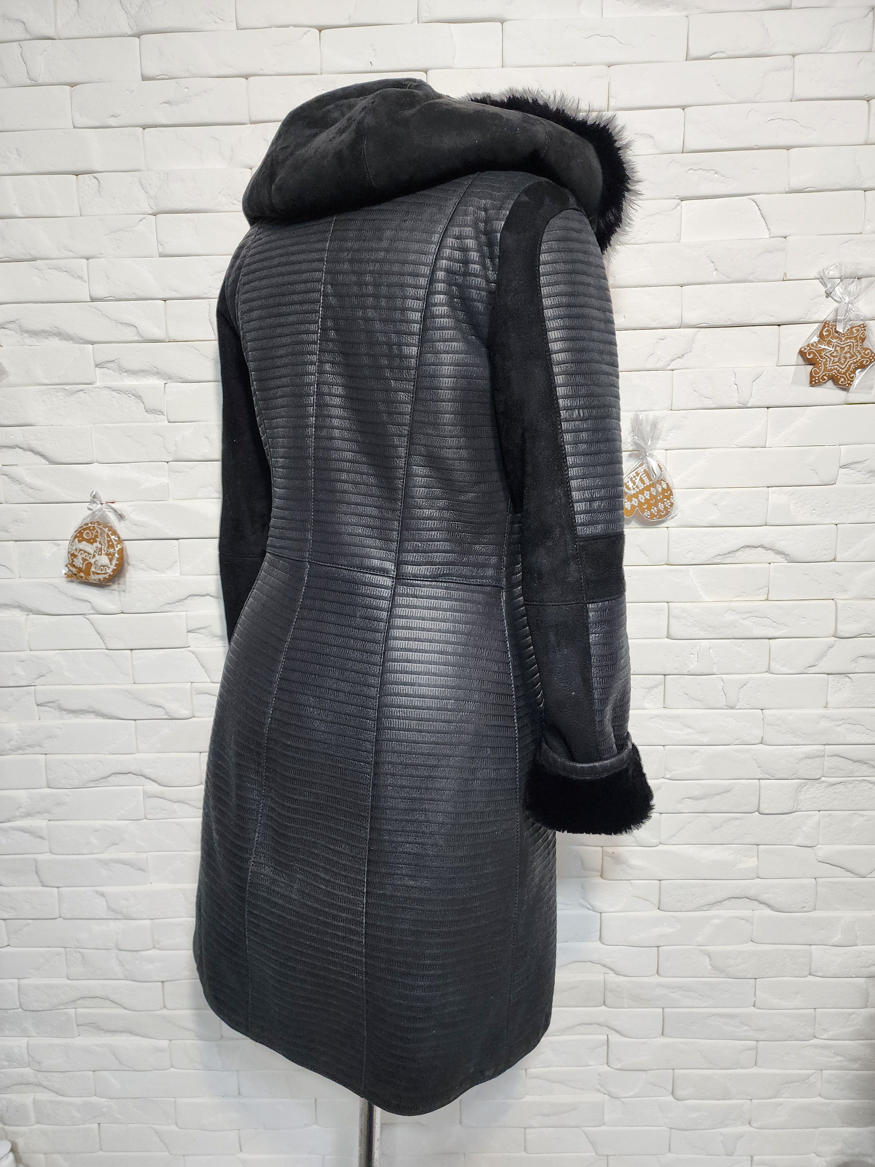 Black Sheepskin Coat: Genuine Fur Hood, Metal Zipper