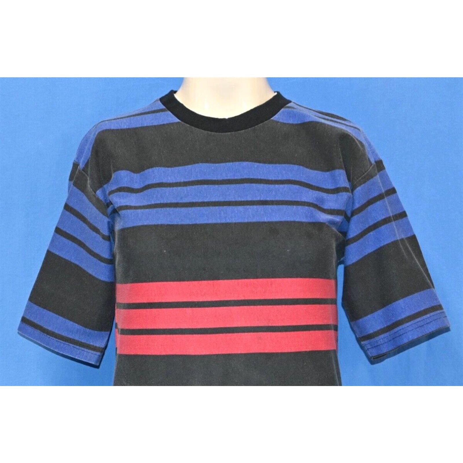 image of Vintage 90's Striped All Over Black Blue Red Garan Cotton T-Shirt Extra Small Xs in White, Men's