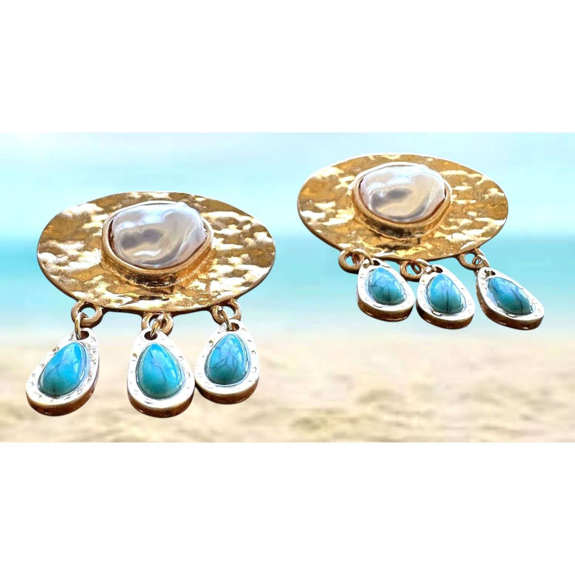 Handmade Hammered Metal Faux Pearl Turquoise Earrings Posts New Crui Size ONE SIZE - 4 Thumbnail