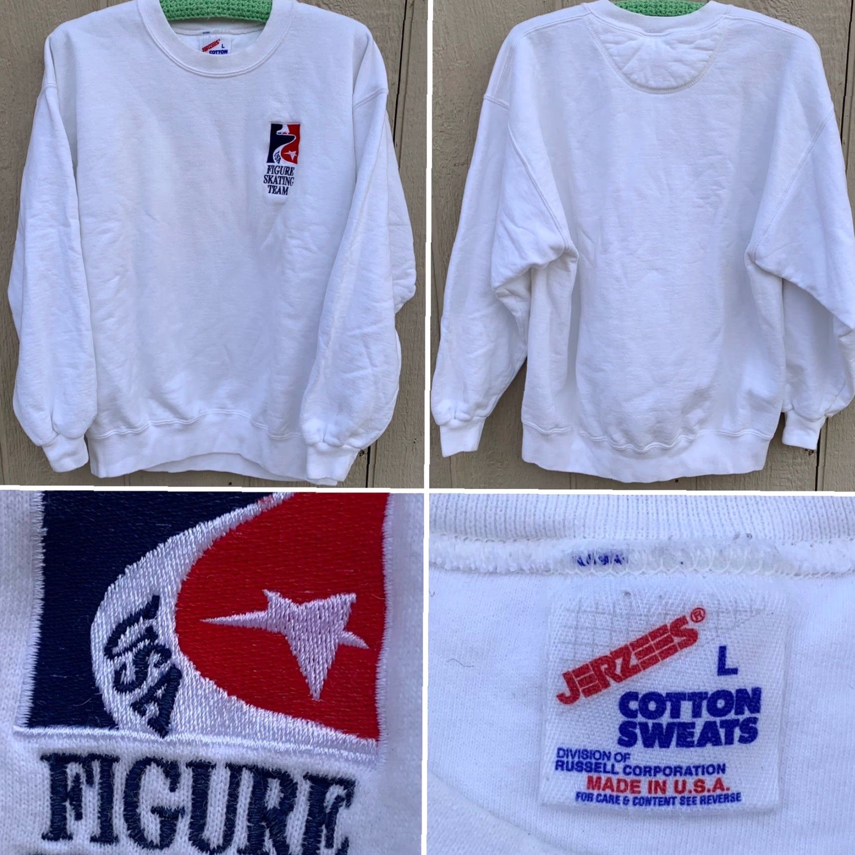 Jerzees VINTAGE Jerzees USA Figure Skating Team sweatshirt Long Sleeve Pullover Embroidered L Mens White Cotton Blend Crew Neck Size US L / EU 52-54 / 3 - 4 Thumbnail
