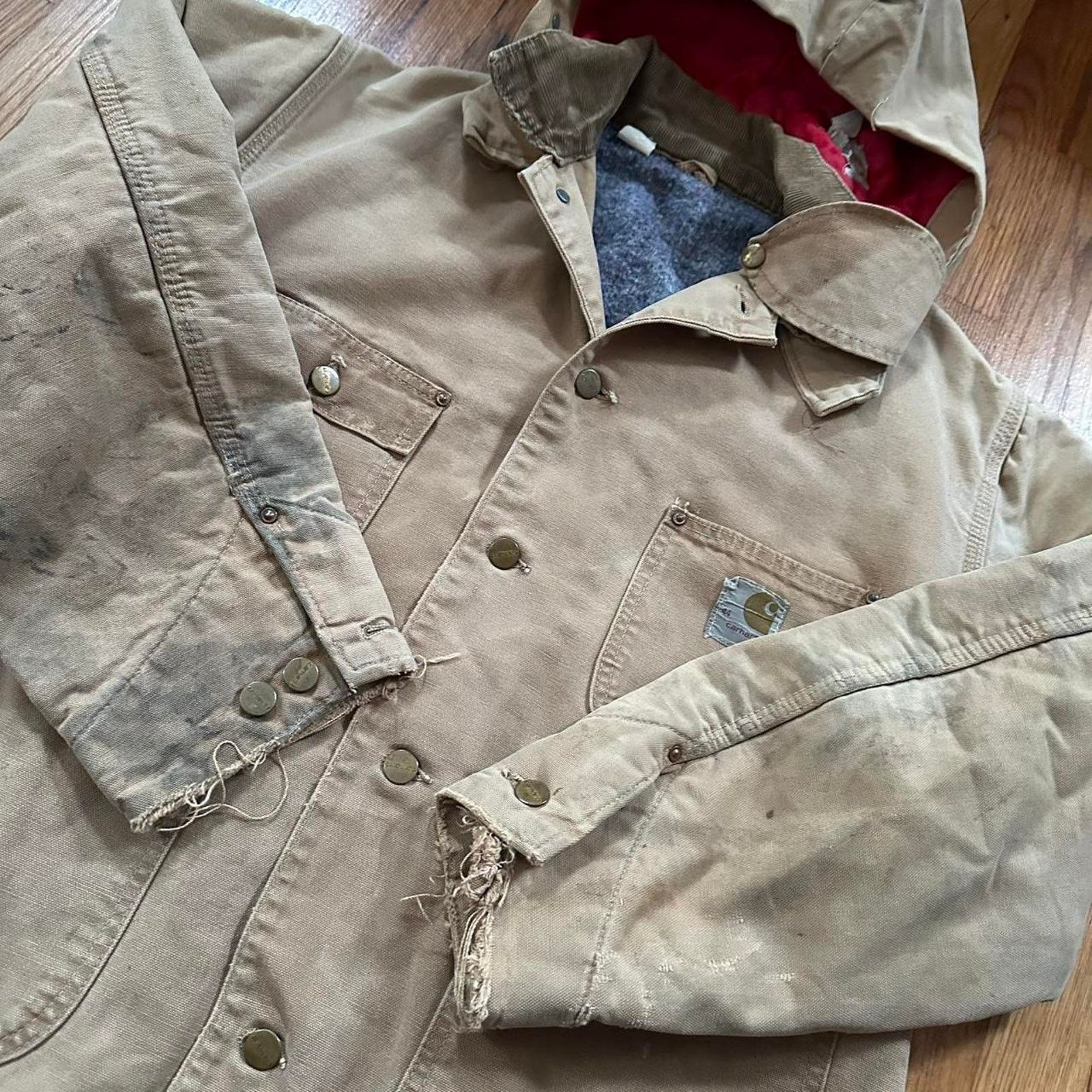 Carhartt Vintage 70s Carhartt Hooded Button Up Jacket Distressed L/XL Size US XL / EU 56 / 4 - 2 Thumbnail