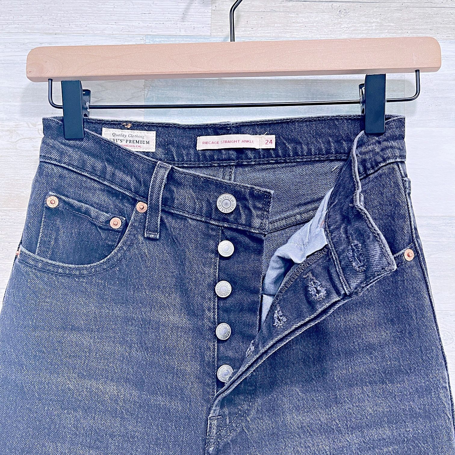 Levi's Levis Premium Ribcage Straight Ankle Jeans Black Womens 24 Size 24" / US 00 / IT 34 - 3 Thumbnail