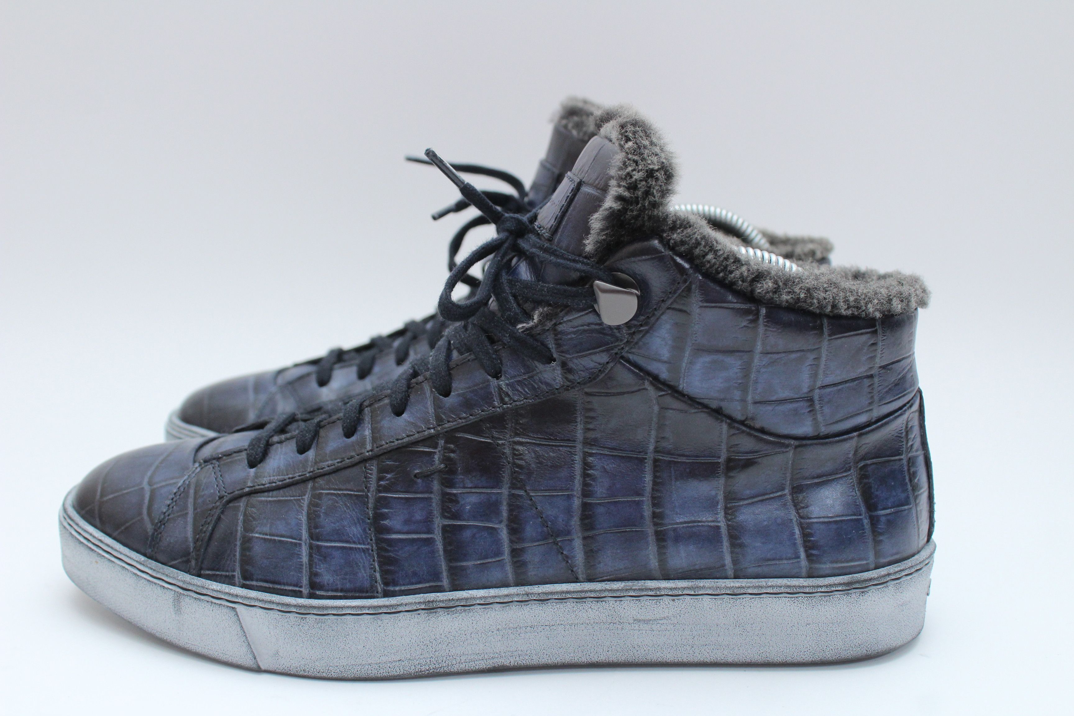 Santoni Santoni Navy Crocodile Embossed Leather Fur Lined Sneakers Size US 8 / EU 41 - 9 Thumbnail