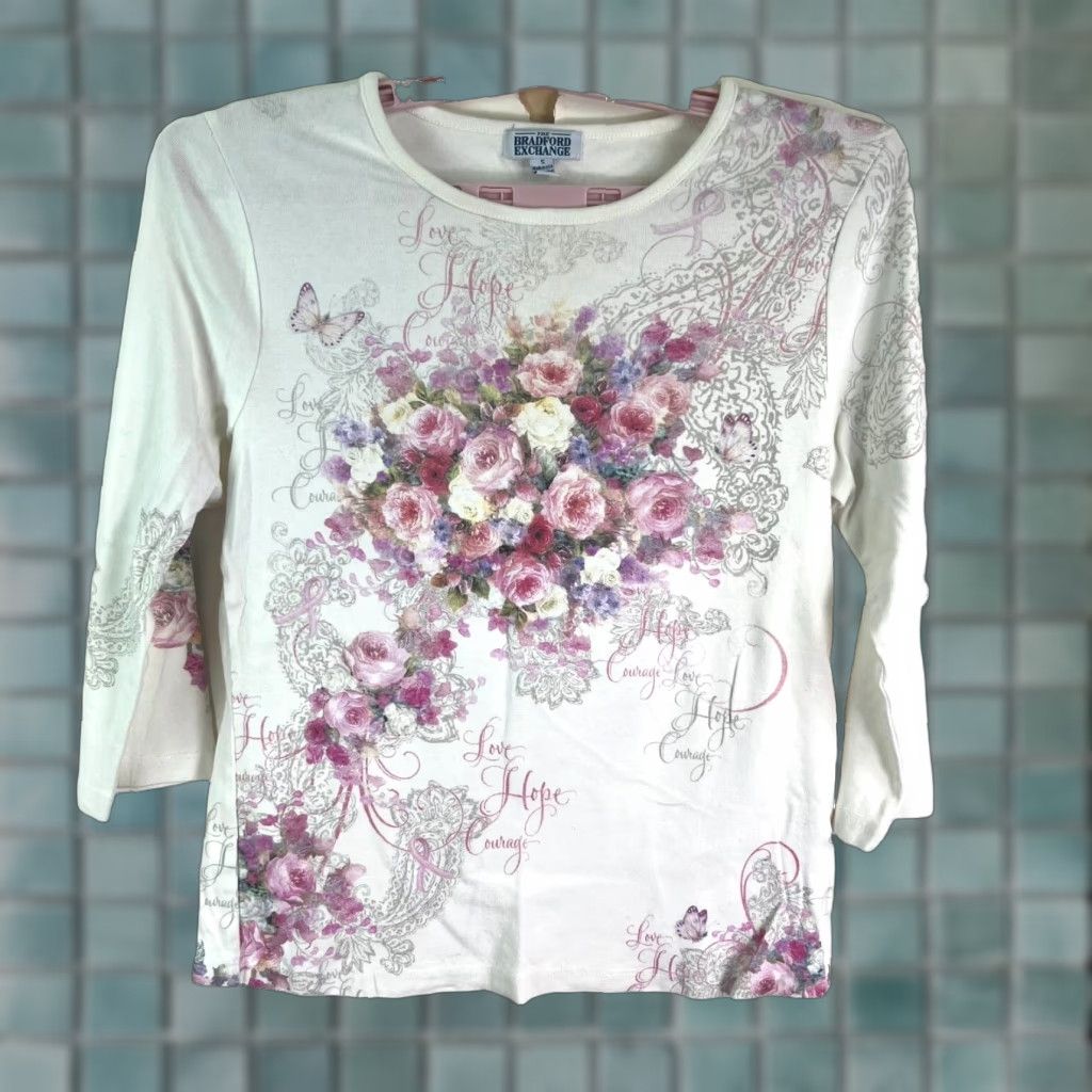 Hope VINTAGE Bradford Exchange Courage Love Hope Floral Top Womens S Pink White Round Neck Long Sleeve T-Shirt - Mens? (Wait) Size S / US 4 / IT 40 - 1 Thumbnail