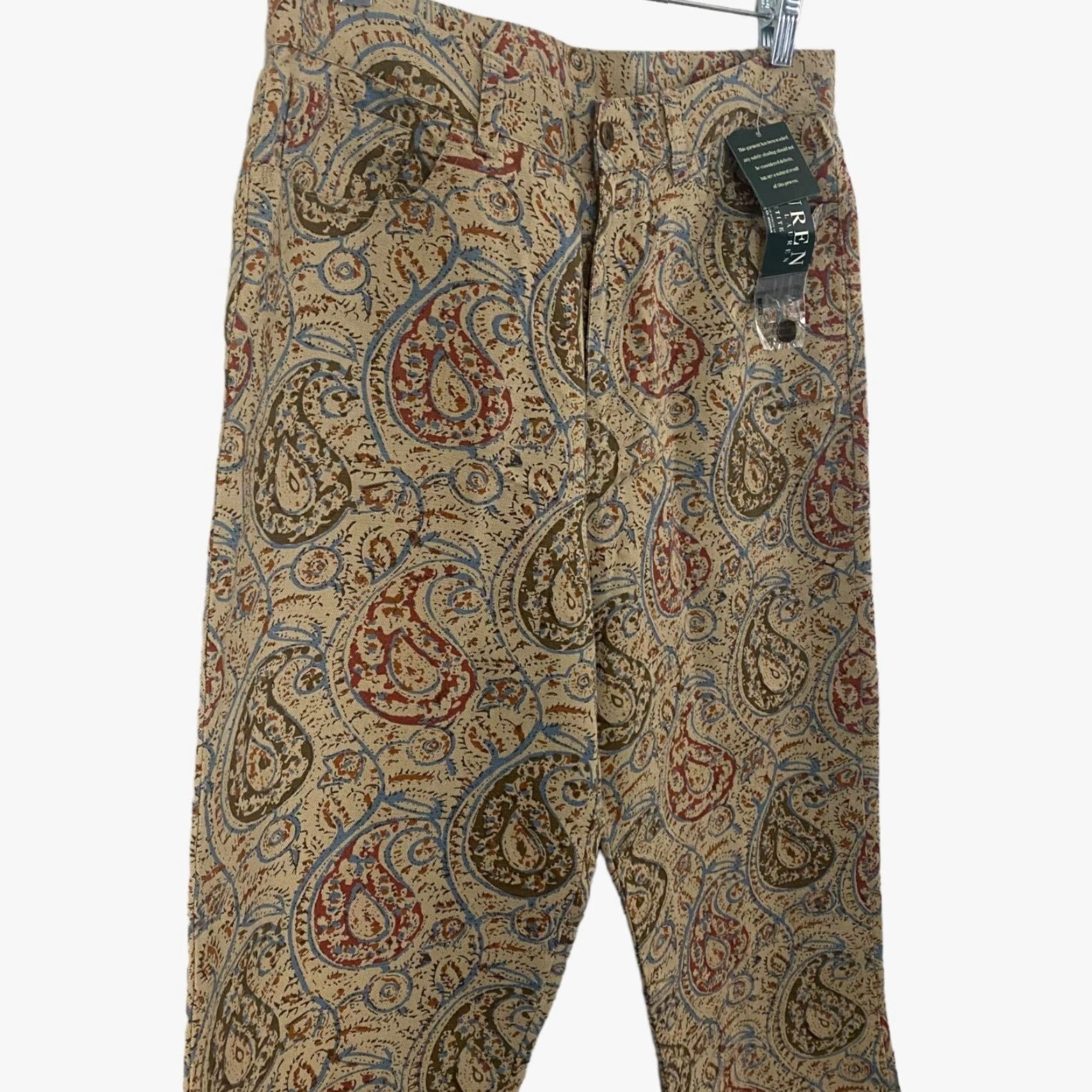 Ralph Lauren VINTAGE Lauren Ralph Lauren Pants Paisley Cropped Women's 10P Tan Linen Cotton High Rise Straight Leg 24" Inseam Womens Size 32" / US 10 / IT 46 - 4 Thumbnail