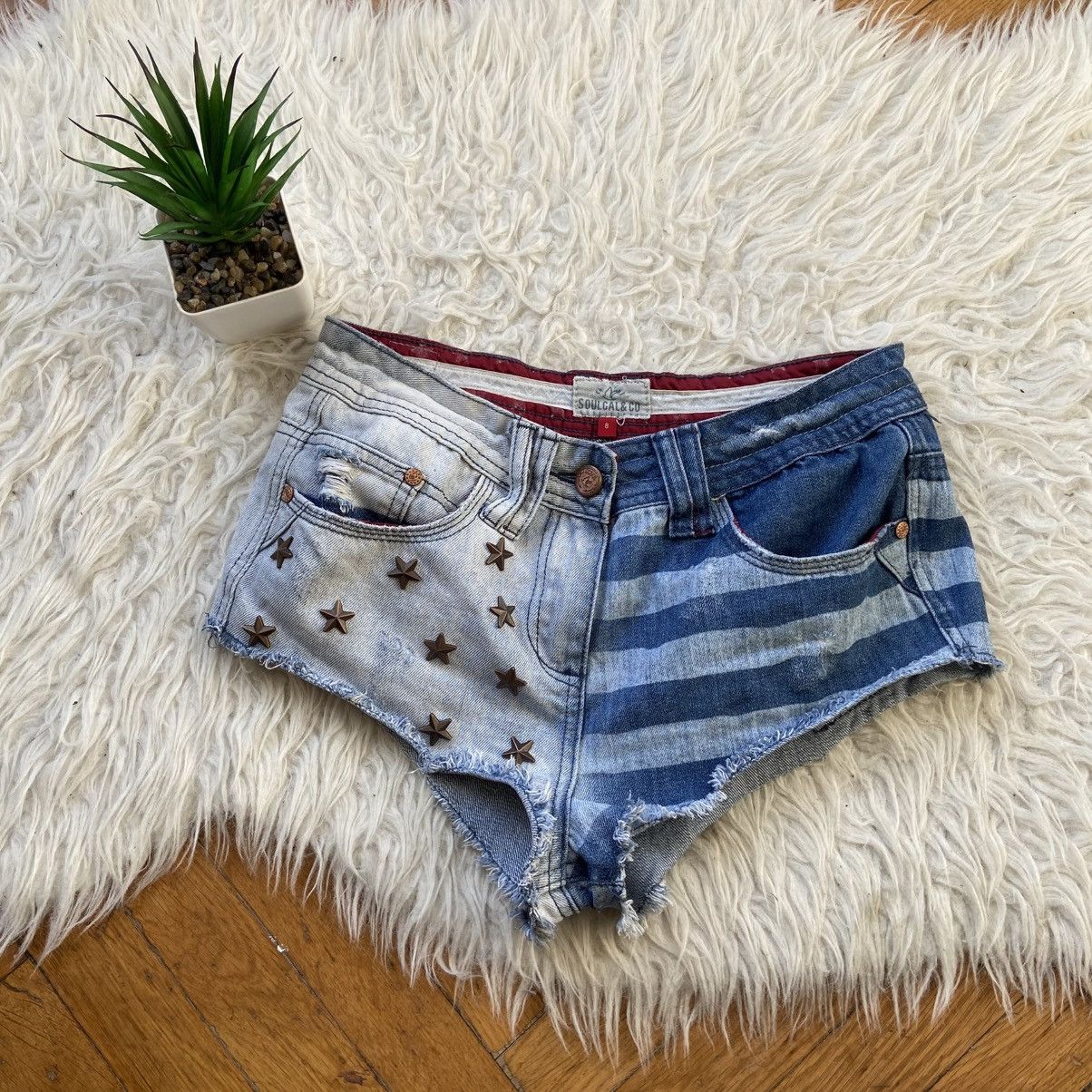 If Six Was Nine 📌 Vintage Soulcat USA Flag Metal Stars Y2K Shorts Size 30" / US 8 / IT 44 - 1 Thumbnail