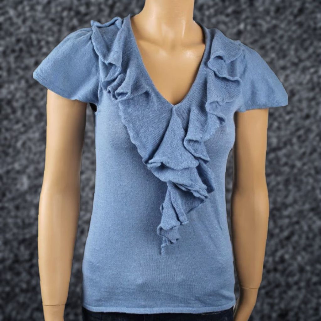 Ralph Lauren Ralph Lauren BLUE SHORT SLEEVE V-NECK RUFFLE LINEN SHIRT TOP NWT L Size L / US 10 / IT 46 - 1 Thumbnail