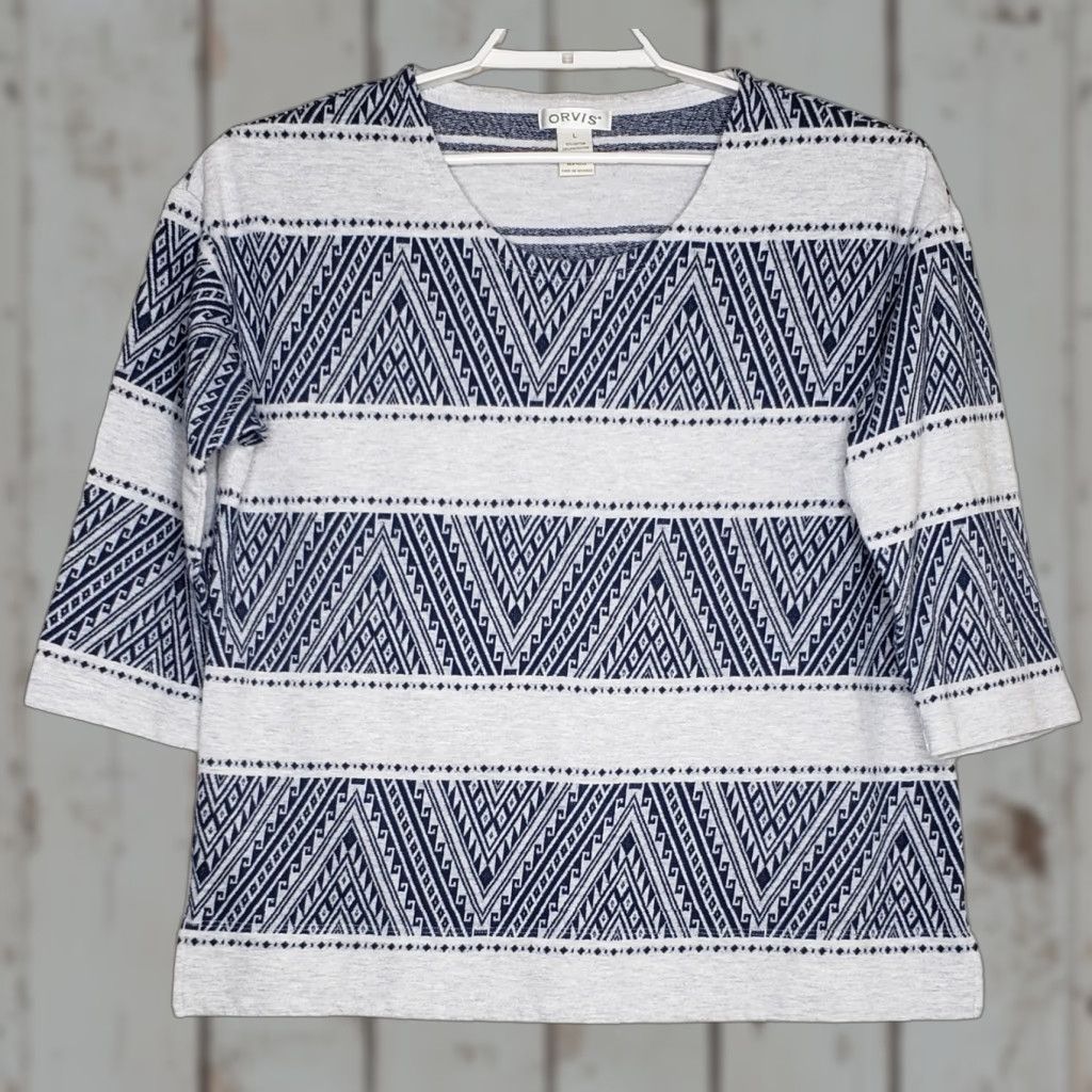 Orvis Orvis Women's T-Shirt Blue Gray Geometric Print 3/4 Sleeve Scoop Neck Cotton Blend Casual Tee Large Ladies L Regular Size L / US 10 / IT 46 - 1 Thumbnail