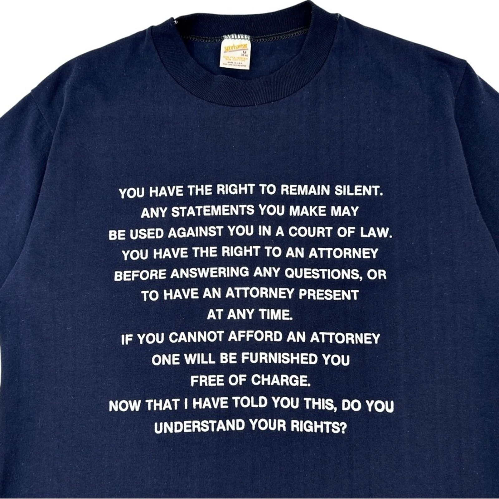 Vintage RARE Single Stitch Navy Miranda Rights Collector’s Tee Size US M / EU 48-50 / 2 - 3 Thumbnail