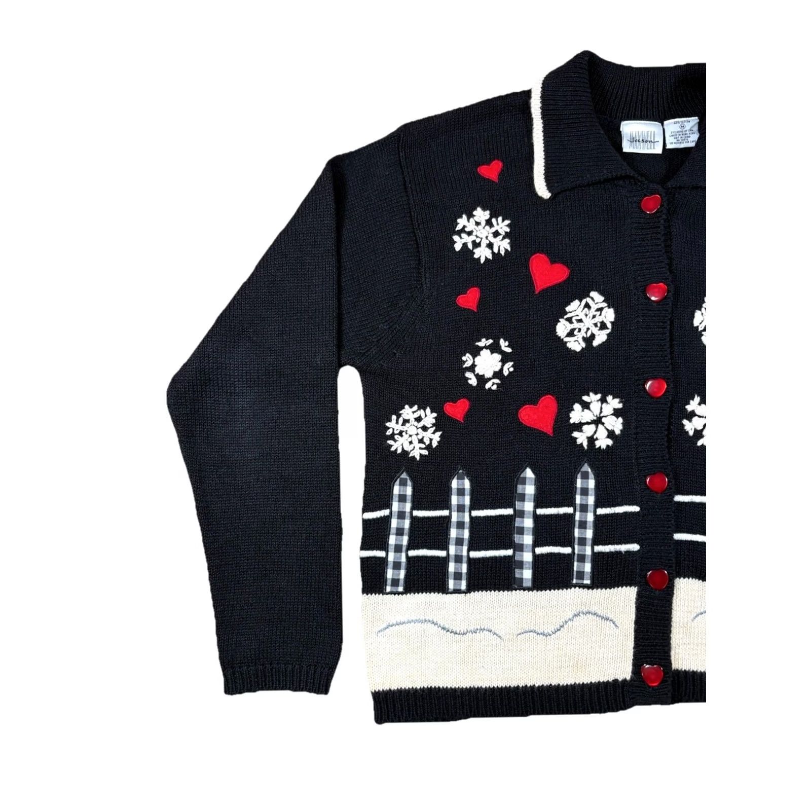 Vintage VINTAGE Jason Maxwell Cardigan Sweater Women M Black Embroidered Snowflakes & Hearts 90s Christmas Holiday Ugly Sweater Size M / US 6-8 / IT 42-44 - 3 Thumbnail