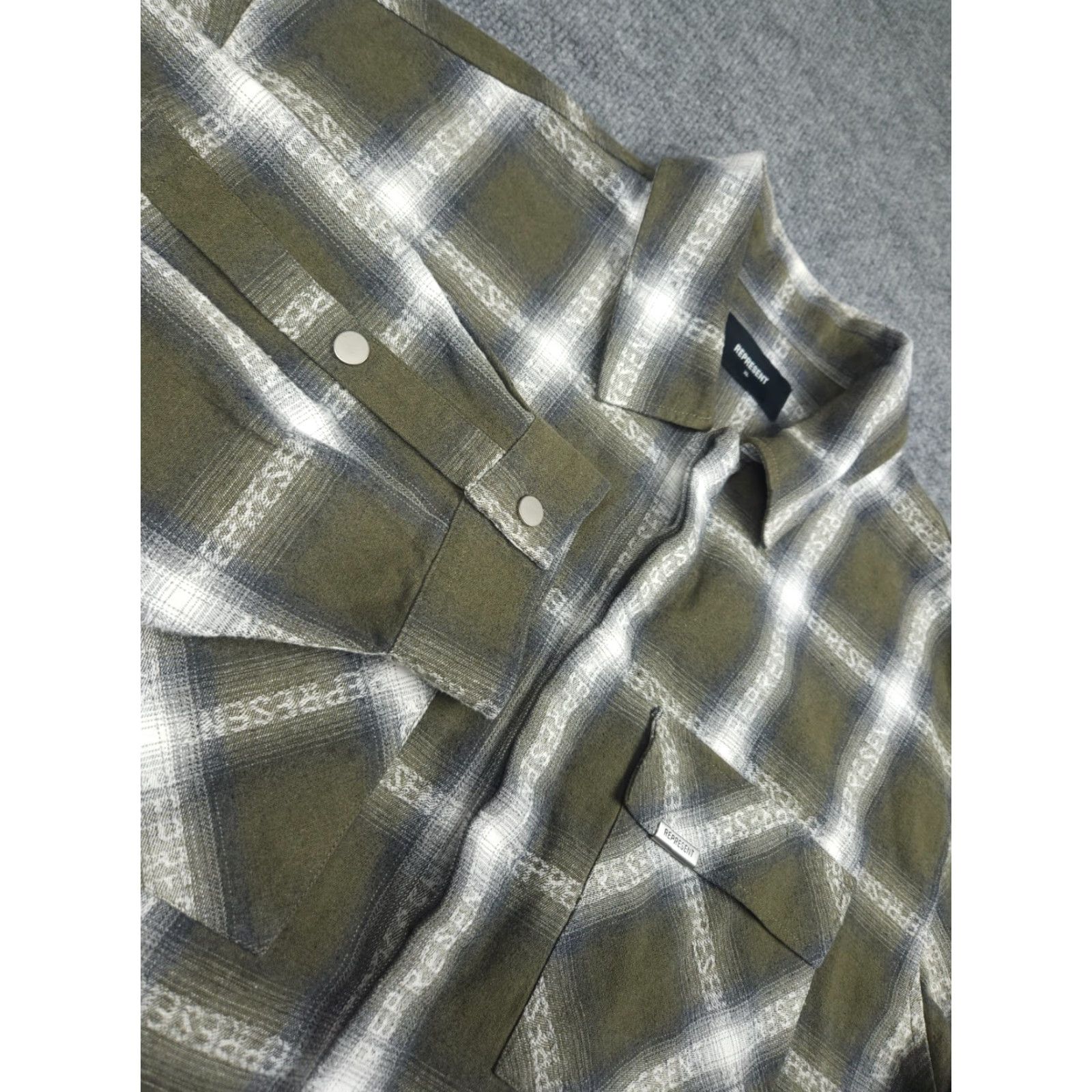 Vintage VINTAGE REPRESENT Flannel Snap Shirt Men's XL Green AOP Spellout Cotton Blend Size US XL / EU 56 / 4 - 2 Thumbnail