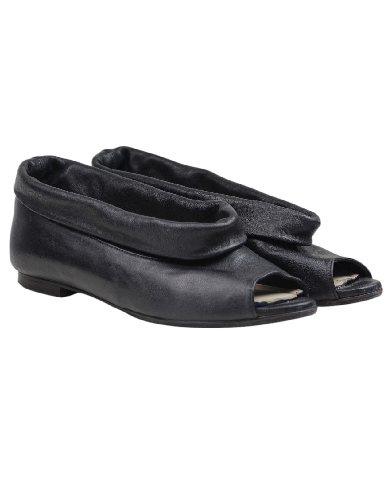 2000S BIRD SHOES PADDED-CUFF PEEP-TOE LEATHER SLIP-ON FLATS