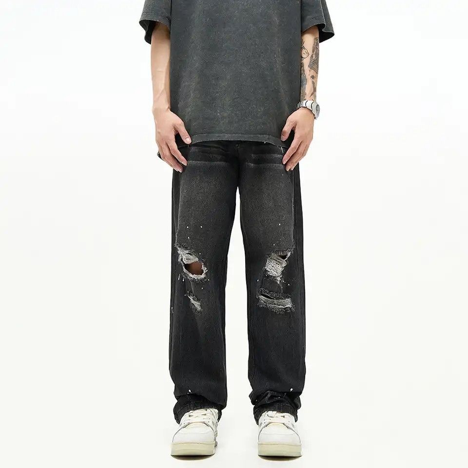 Japanese Brand × Vintage Ripped Jeans Men Y2k Street Baggy Summer Black Size US 33 - 4 Thumbnail