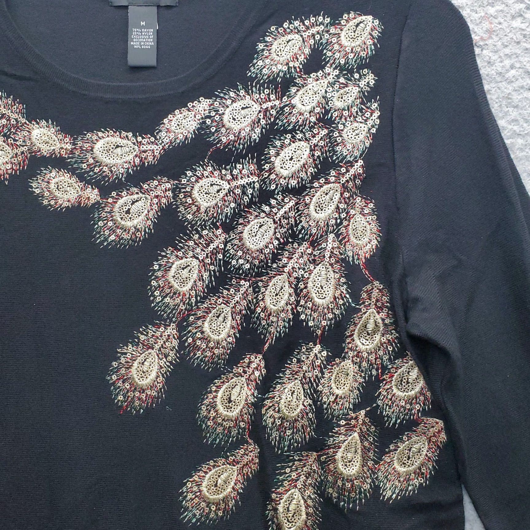 Alfani Alfani Womens Tunic Blouse M Black Embroidered Rose Peacock Sequin Pullover Crew Neck Long Sleeve Shirt 90s Outdoor Size M / US 6-8 / IT 42-44 - 8 Thumbnail