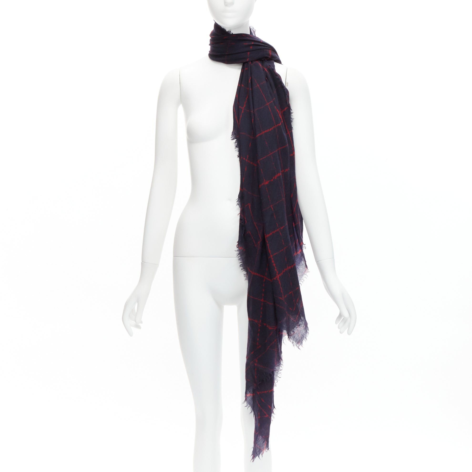 CHANEL black red CC logo diamond quilt print soft warm raw edge scarf
