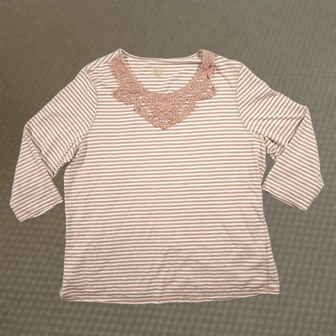 Vintage Northcrest Women's 1X Plus Brown Stripe 3/4 Sleeve Scoop Neck Crochet Shirt Size XL / US 12-14 / IT 48-50 - 1 Thumbnail