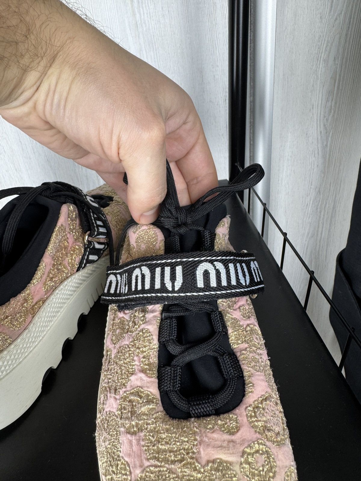 Miu Miu MIU MIU Prada Pink Gold Platform Sneakers With Logo Strap 40 Size US 10 / IT 40 - 17 Thumbnail