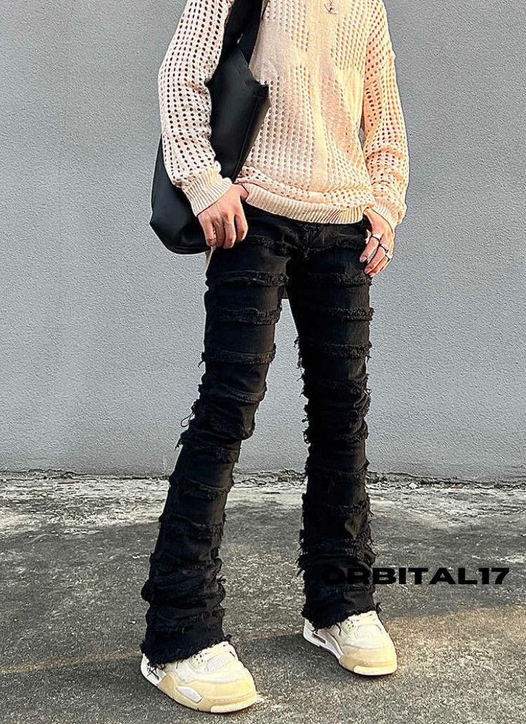 Black Frayed Wide Leg Denim Jeans Stacked Jeans