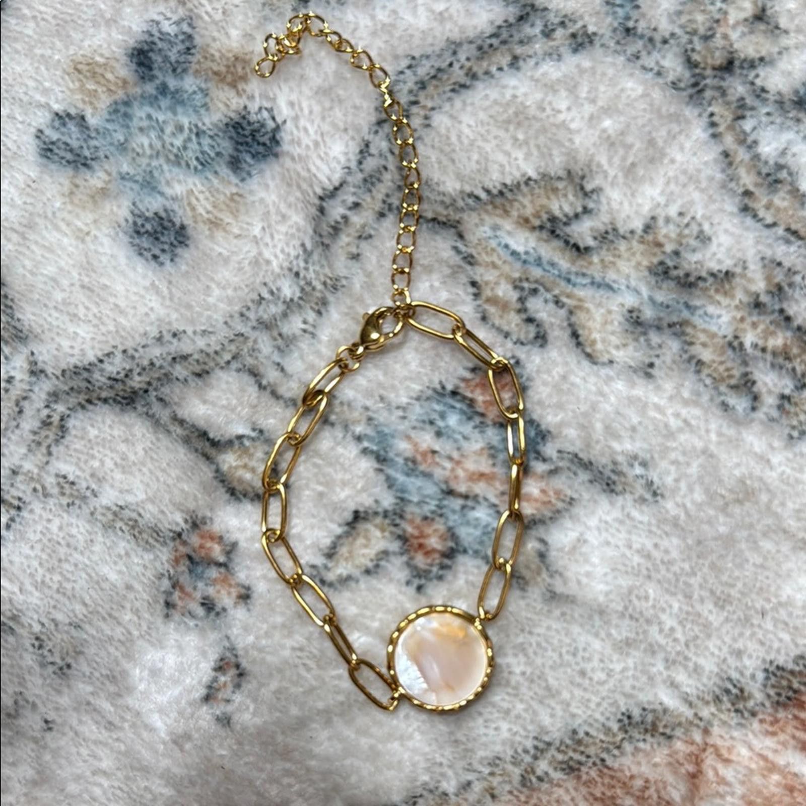 Designer Gold and Cream Minimalist Bracelet with Circular Accent Size ONE SIZE - 4 Thumbnail