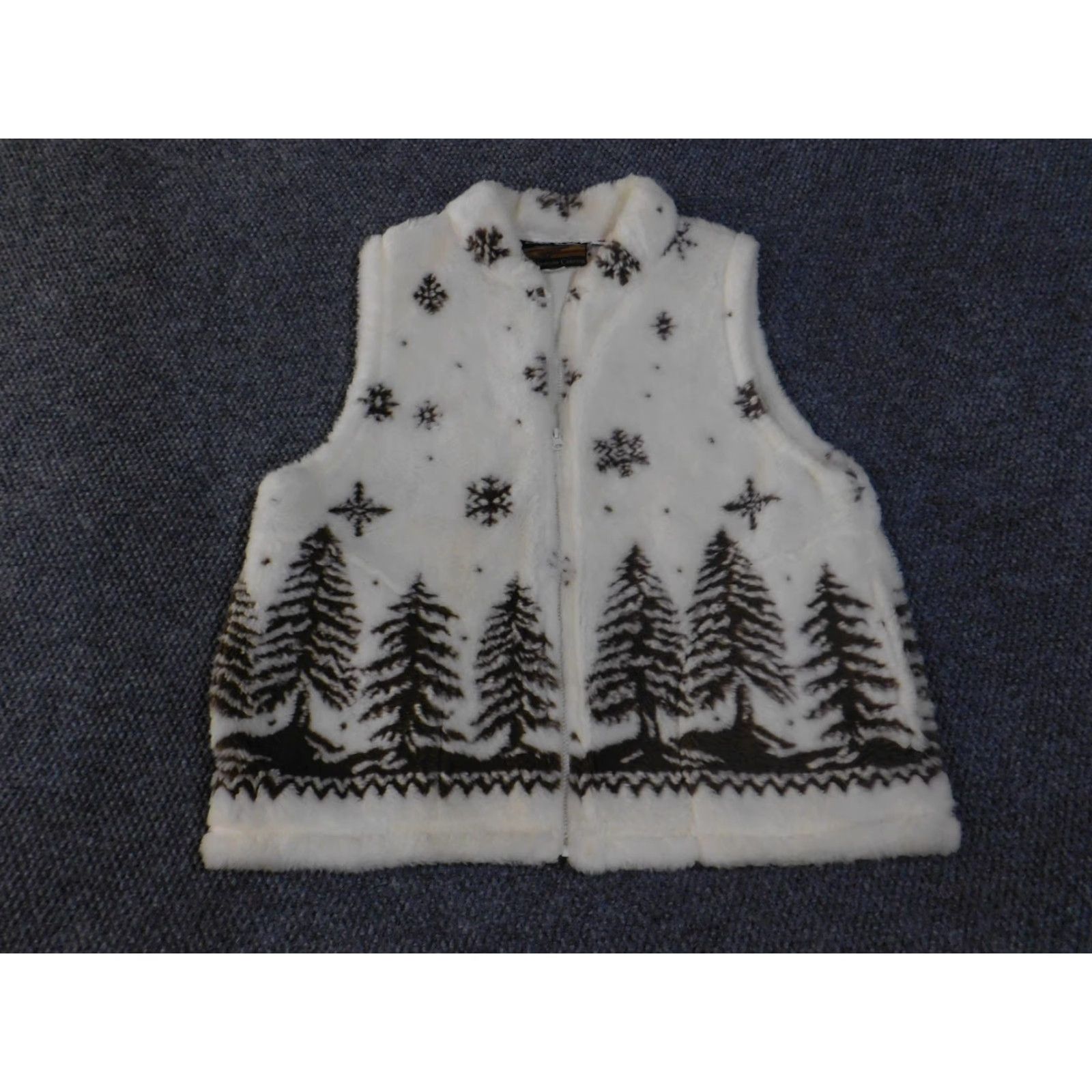 Vintage Cobblestone Canyon Vest Womens XL White Sherpa Fleece Zip Winter Made USA Beige Brown Snowflake Pine Tree Pattern Size XL / US 12-14 / IT 48-50 - 3 Thumbnail
