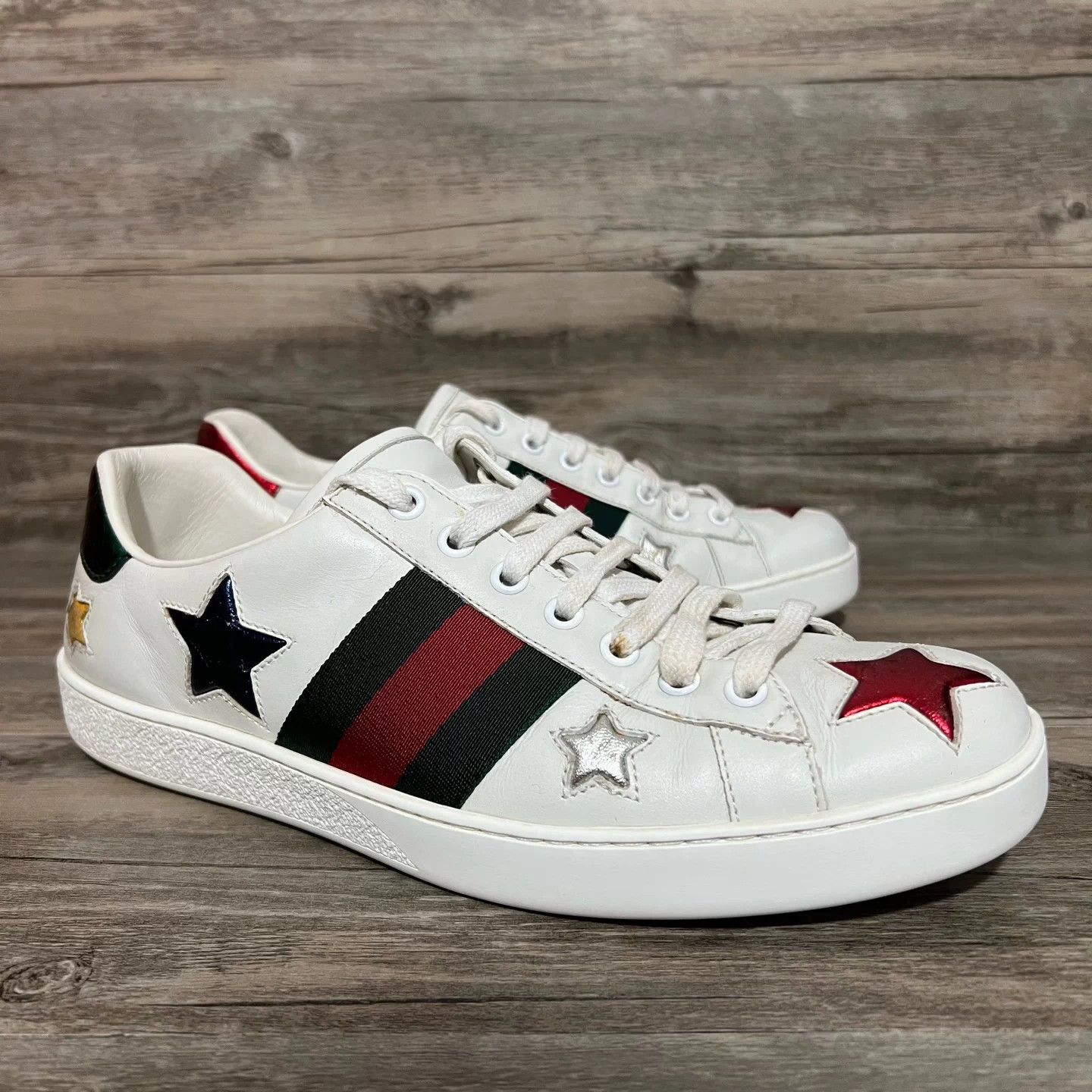 Gucci GUCCI ACE Star White Leather Sneakers US7.5/41.5 97N Size US 8.5 / EU 41-42 - 2 Thumbnail