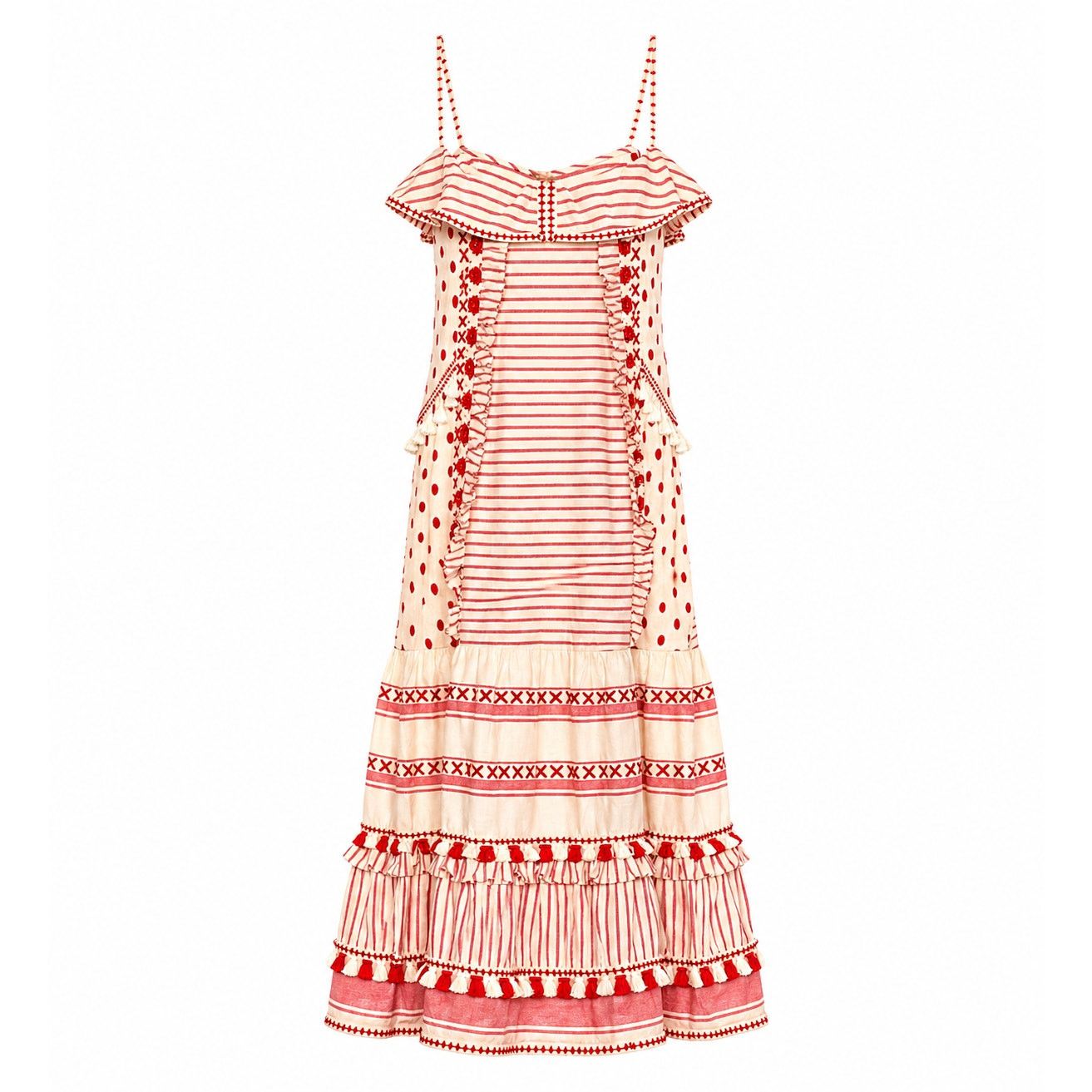 Dodo Bar Or DODO BAR OR Tan Red Striped Polka Dot Ruffle Maxi Dress S Size S / US 4 / IT 40 - 1 Thumbnail