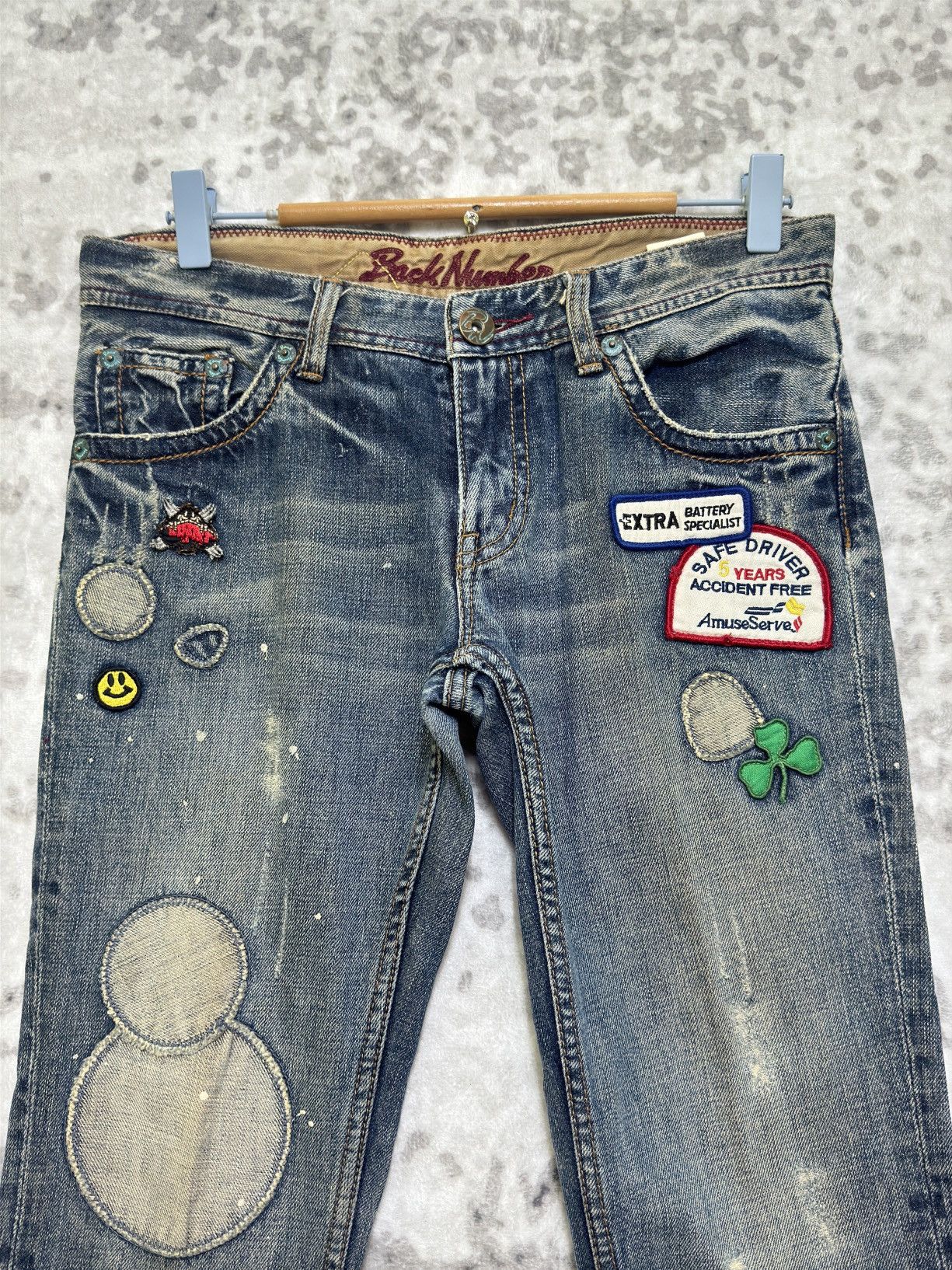 Japanese Brand Vintage BACK NUMBER Flare Distressed Low Raise Patches Denim Size US 29 - 8 Thumbnail