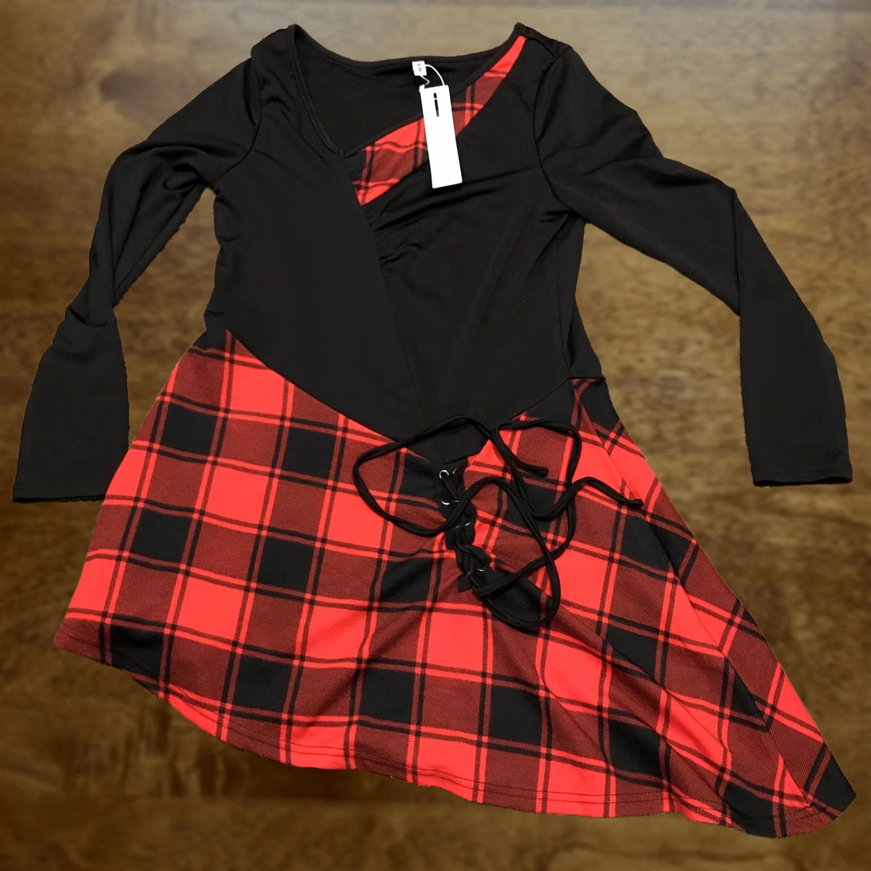 Vintage DRESSFO Womens Dress Plaid Long Sleeve V-Neck Knee Length Polyester Blend NWT A37, Size 6, Black Size M / US 6-8 / IT 42-44 - 1 Thumbnail