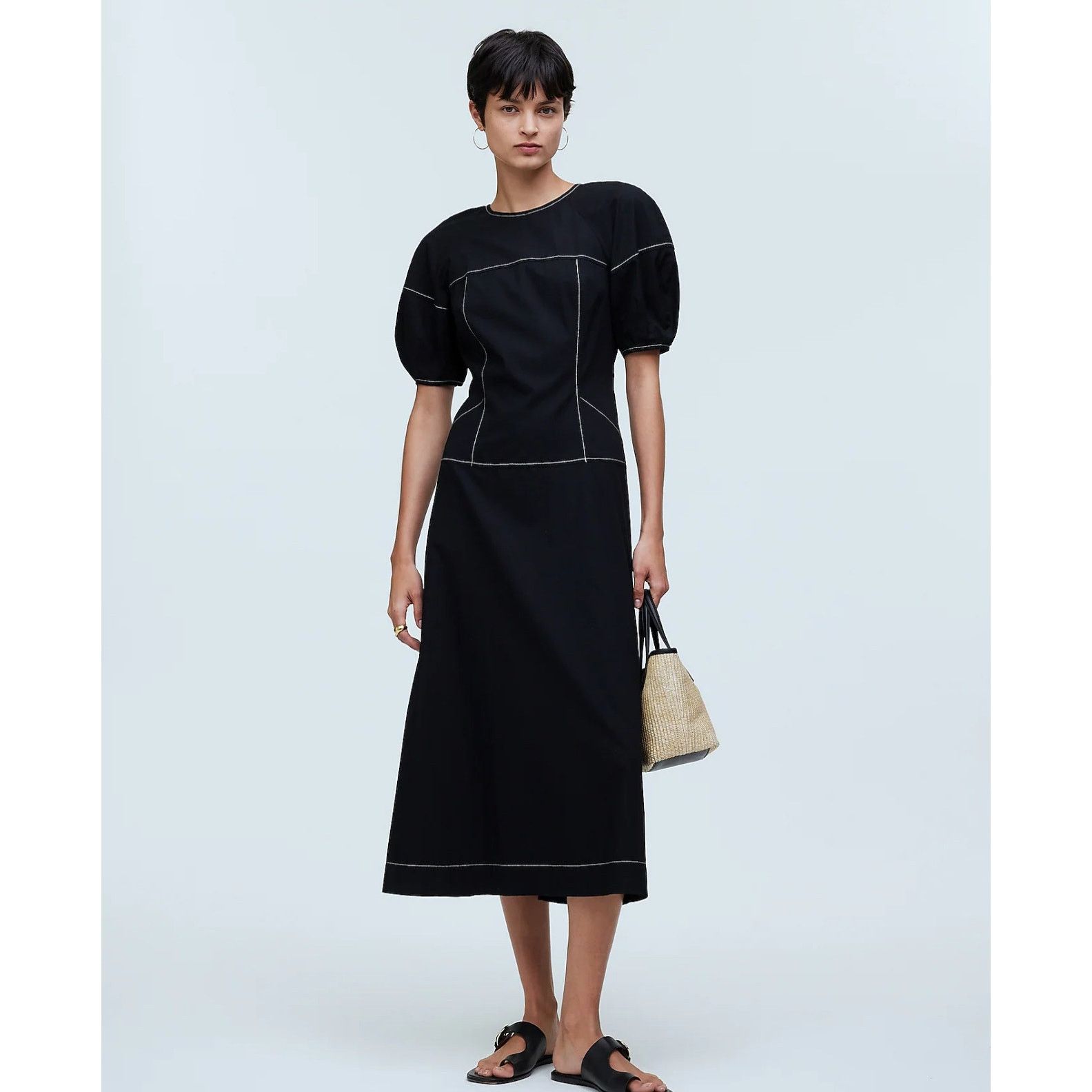 Madewell NWT Madewell Puff-Sleeve Drop-Waist Midi Dress Black Size 2 Size XS / US 0-2 / IT 36-38 - 1 Thumbnail
