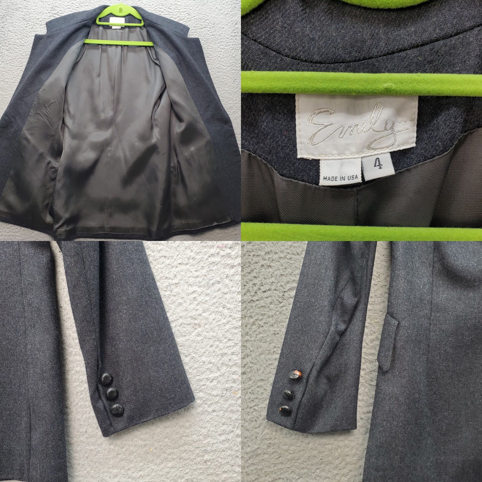 Vintage Emily Blazer Jacket Womens 4 Gray Lined Flap Pockets Notch Lapel Single-Breasted Jacket Size S / US 4 / IT 40 - 8 Thumbnail