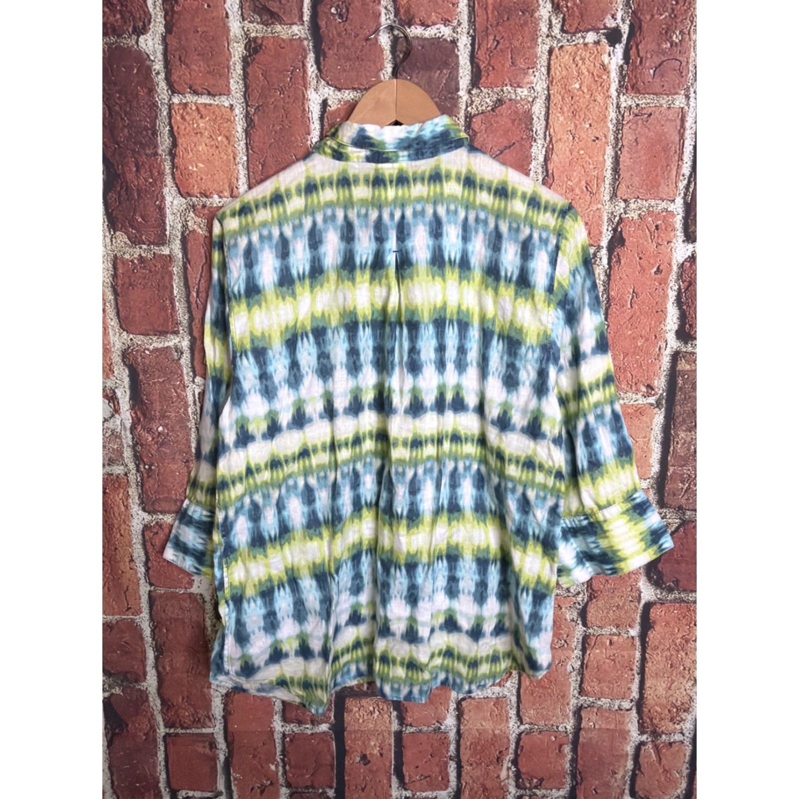 Vintage Chico's 100% Linen Large (Size 2.5, 14) No Iron Green & Blue Button Up Shirt Size XL / US 12-14 / IT 48-50 - 3 Thumbnail