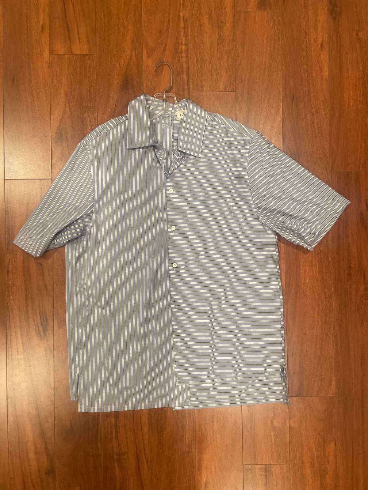 image of Lanvin Navy Stripe Asymetric Short Sleeve Shirt in Blue Stripe, Men's (Size Medium)