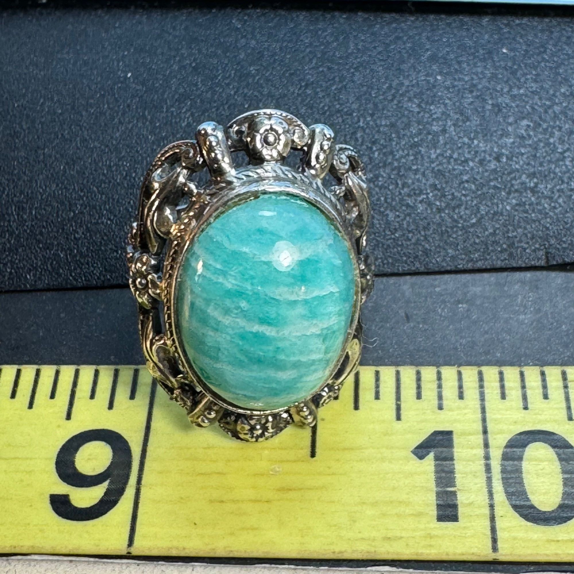 Vintage Sterling Silver 925 Amazonite Bezel Set Floral Border Statem Size ONE SIZE - 6 Thumbnail