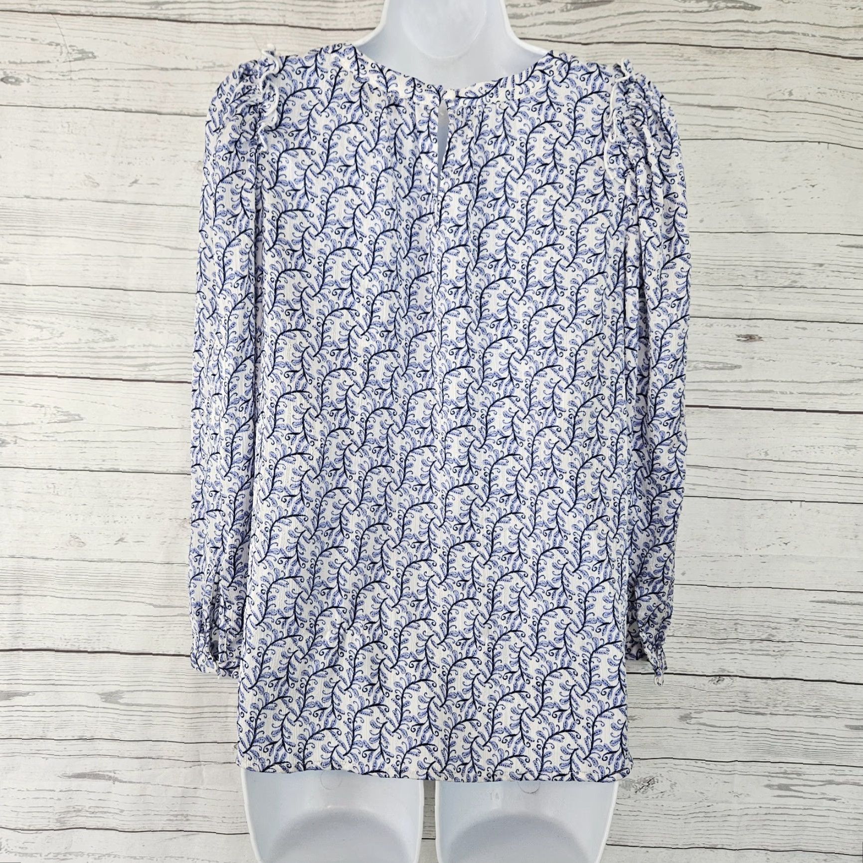 Loft Ann Taylor LOFT Womens Printed Top Sz Small Blue White Long Sleeve Blouse Shirt Size S / US 4 / IT 40 - 3 Thumbnail