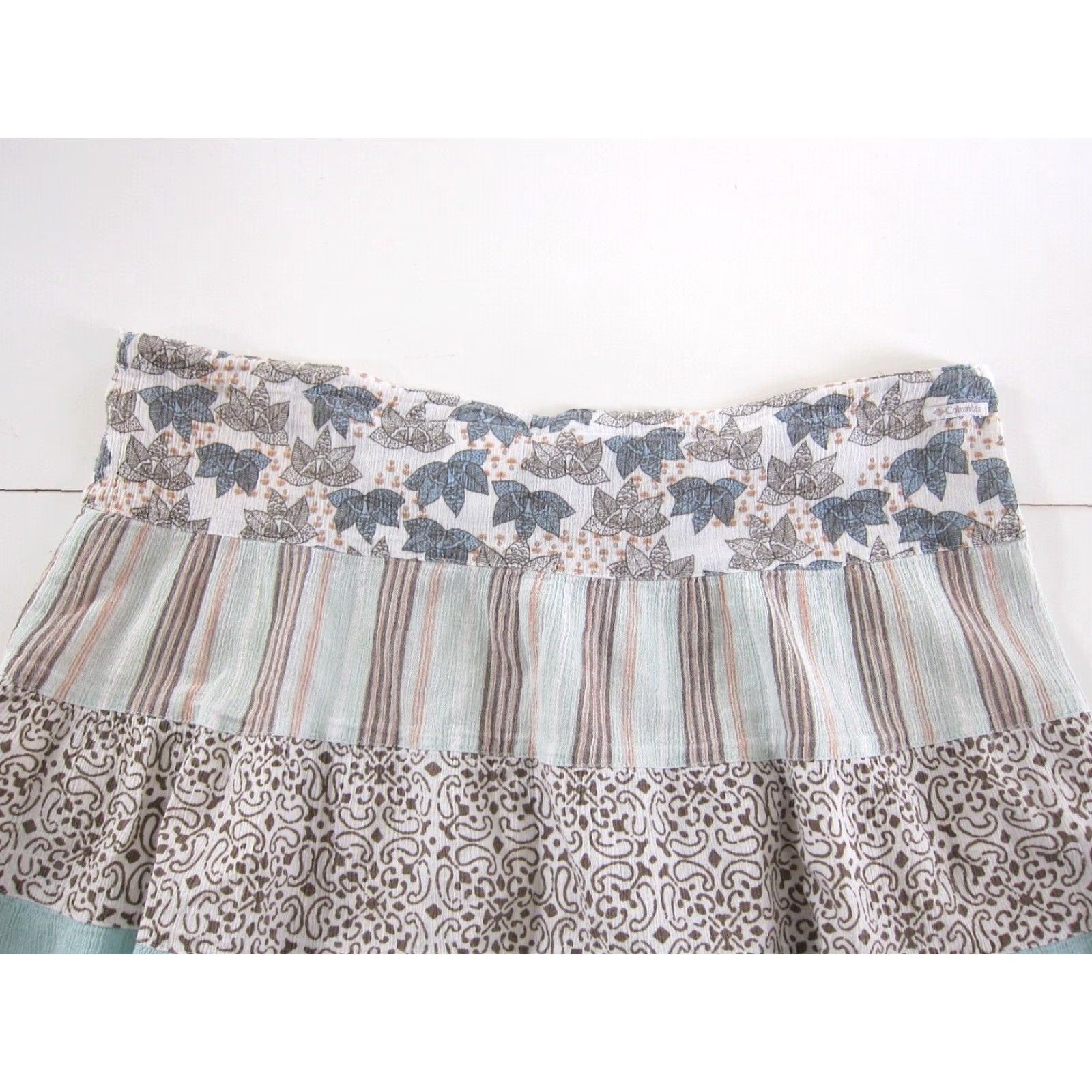 Vintage Columbia 100% Cotton Blue Brown Floral Paisley Drawstring A-Line Skirt Medium (Women) Knee Length Size 32" / US 10 / IT 46 - 5 Thumbnail