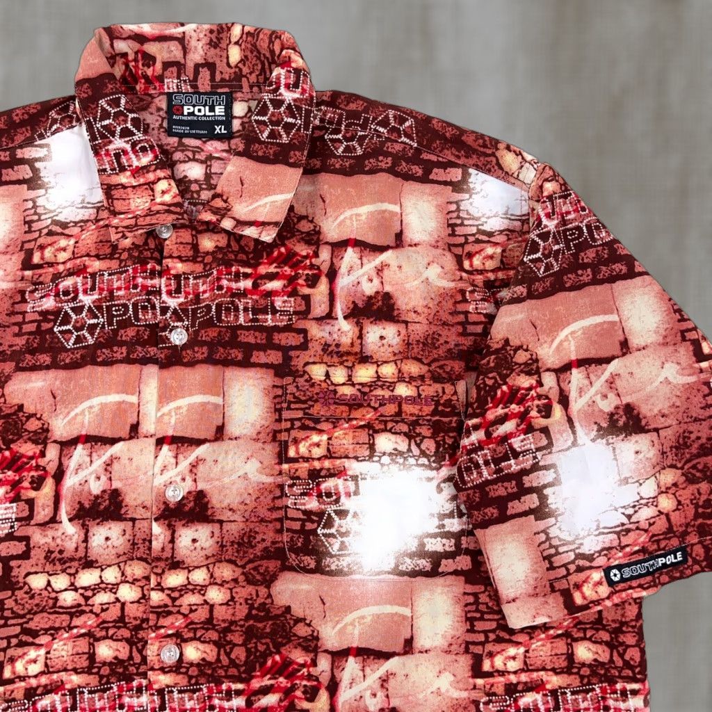 Southpole VINTAGE South Pole Shirt Men XL Red Button Up 90s AOP Geometric Brick Wall Vintage Clothing Size US XL / EU 56 / 4 - 1 Thumbnail
