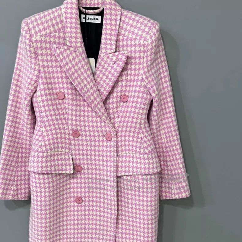 Balenciaga Balenciaga Pink Plaid Hourglass Woolen Coat Size XXS / US 00 / IT 34 - 2 Thumbnail