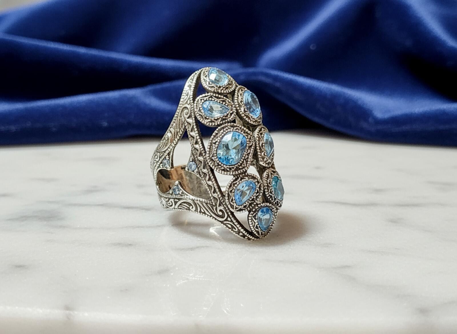 Other Ornate Blue Crystal Filigree Statement Ring Silver Tone LJ Size ONE SIZE - 2 Thumbnail