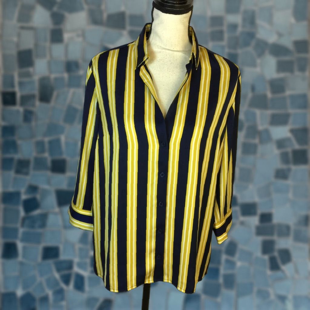 NWT Express Shirt Blouse Size M Womans Navy Blue Yellow Striped Satin 3/4 Sleeve