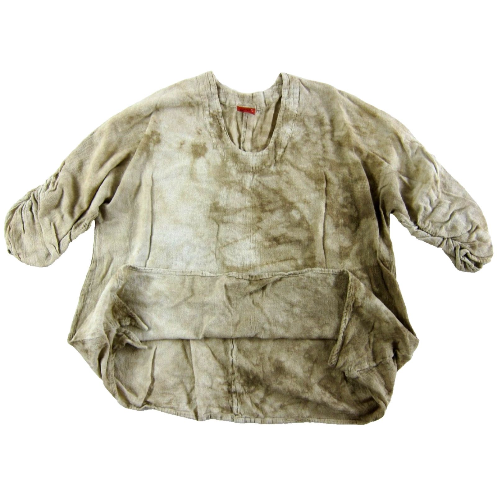 Vintage Oh My Gauze! 100% Cotton Ivory Brown Tie Dye 3/4 Sleeve Asymmetrical Blouse 2X/3 Size XXL / US 16-18 / IT 52-54 - 3 Thumbnail