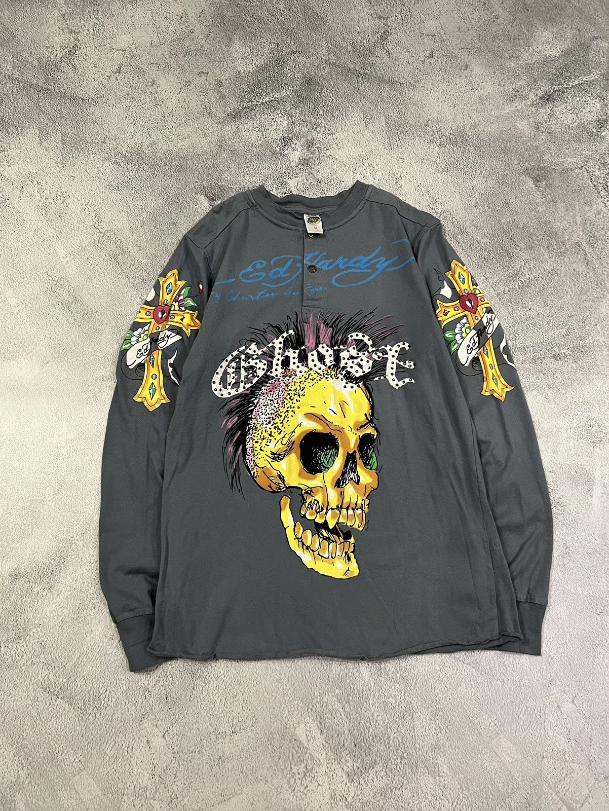 Vintage Y2k Ed Hardy Skull Cross Tattoo Rare Long Sleeve 00s