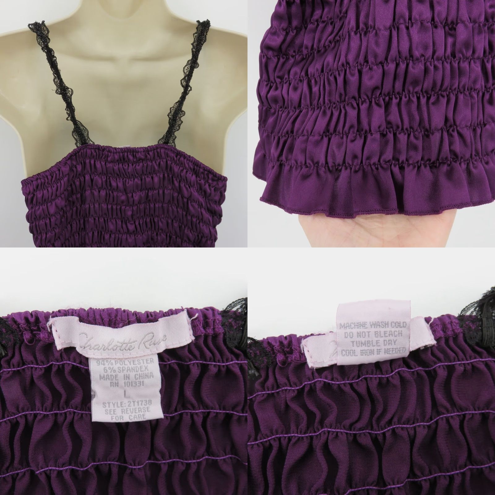 Vintage VINTAGE Charlotte Russe Tank Top Shirt Womens L Purple Black Ruched Satin Lace Spaghetti Strap Sleeveless Camisole 2000s Size L / US 10 / IT 46 - 8 Thumbnail