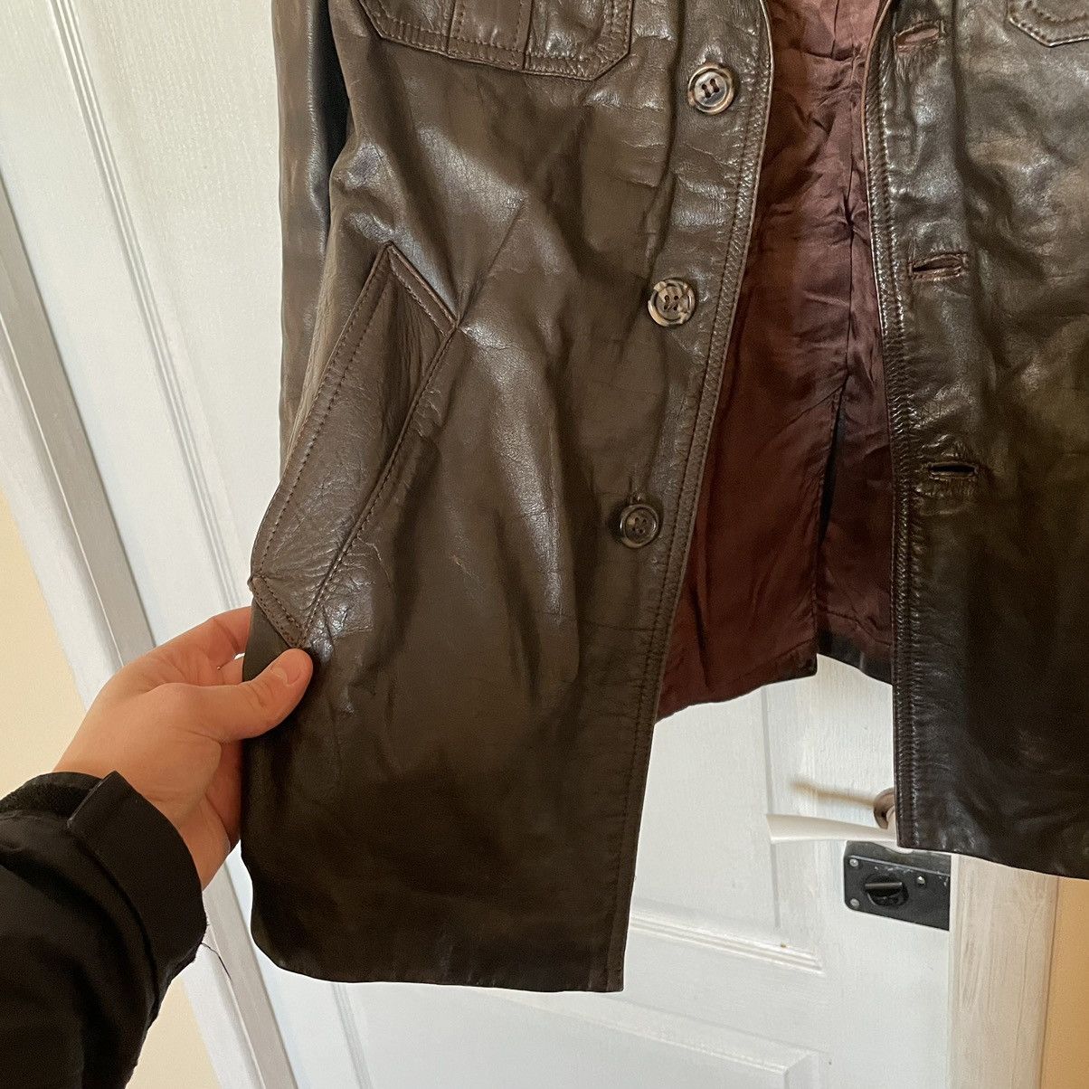 Vintage 90s Leather Fashion brown Breasted Oversized Coat jacket Size US L / EU 52-54 / 3 - 5 Thumbnail