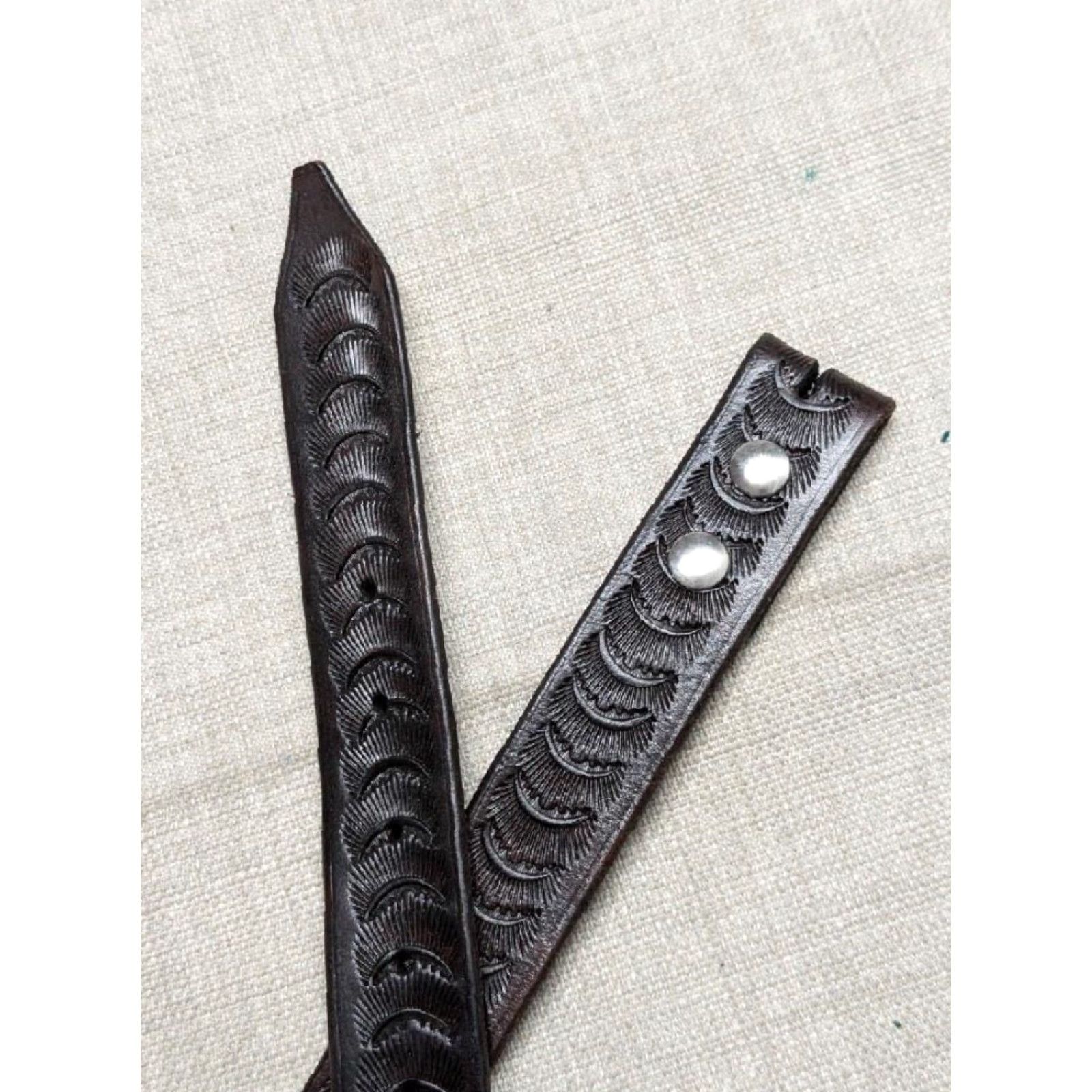 Vintage VINTAGE western belt Hand Tooled Geometric Leather 40 brown Mens Belt Geometric Southwestern 1-1/4" buckle 46" total length 39-43 holes Size 40 - 2 Thumbnail