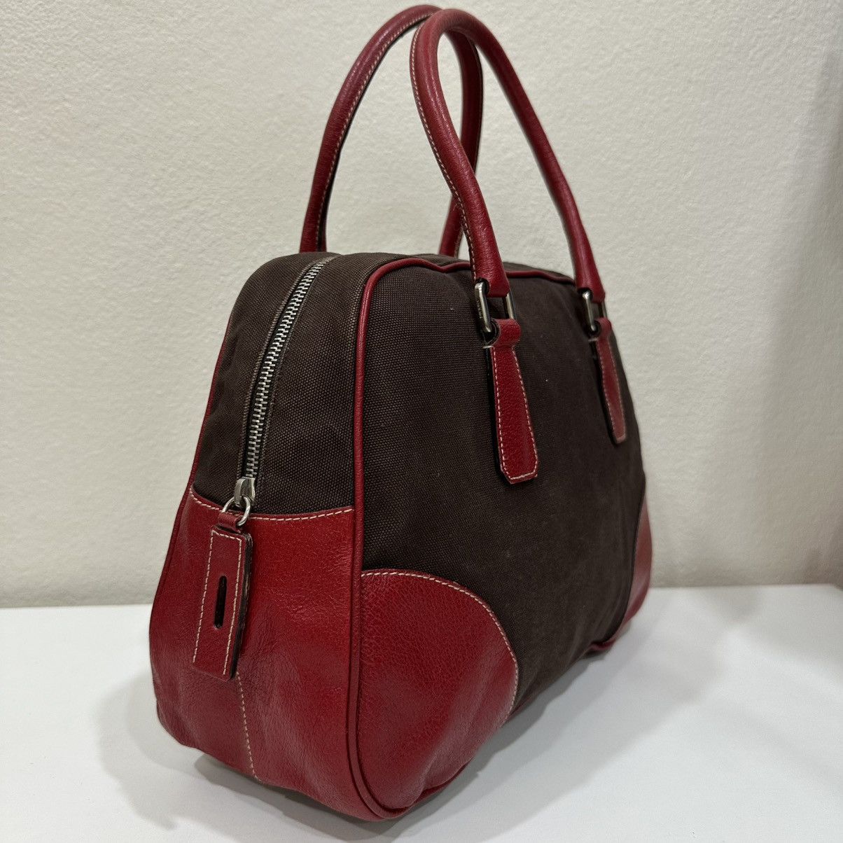 Prada PRADA BOWLING MINI BOSTON BAG BROWN CANVAS RED TRIM LEATHER Size ONE SIZE - 4 Thumbnail
