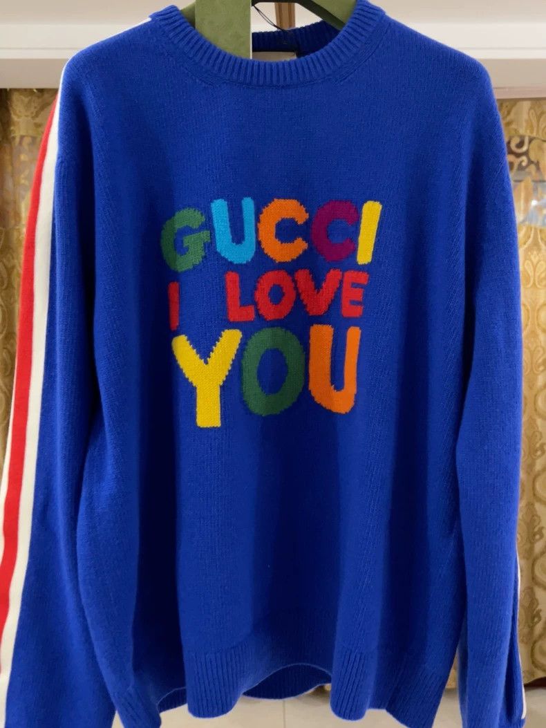 Gucci Gucci Gucci I Love You" colorful letter design blue sweater Size US XL / EU 56 / 4 - 1 Thumbnail
